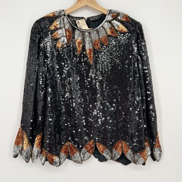 Vintage Royal Feeling Silk Sequin Evening Blouse Top NEW Small Black Silver Glam - Picture 1 of 11